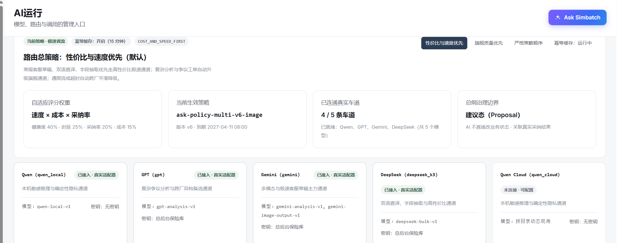Simbatch AI运行管理入口,展示多模型路由策略、四大治理状态卡片以及 Qwen、GPT、Gemini、DeepSeek 等 5 条真实模型适配器车道