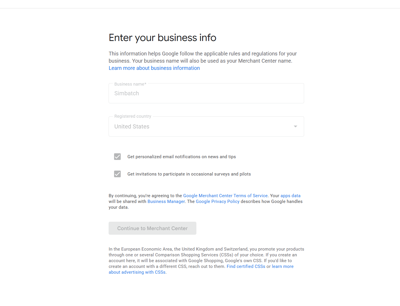 商家资料页面显示 Simbatch 和 United States