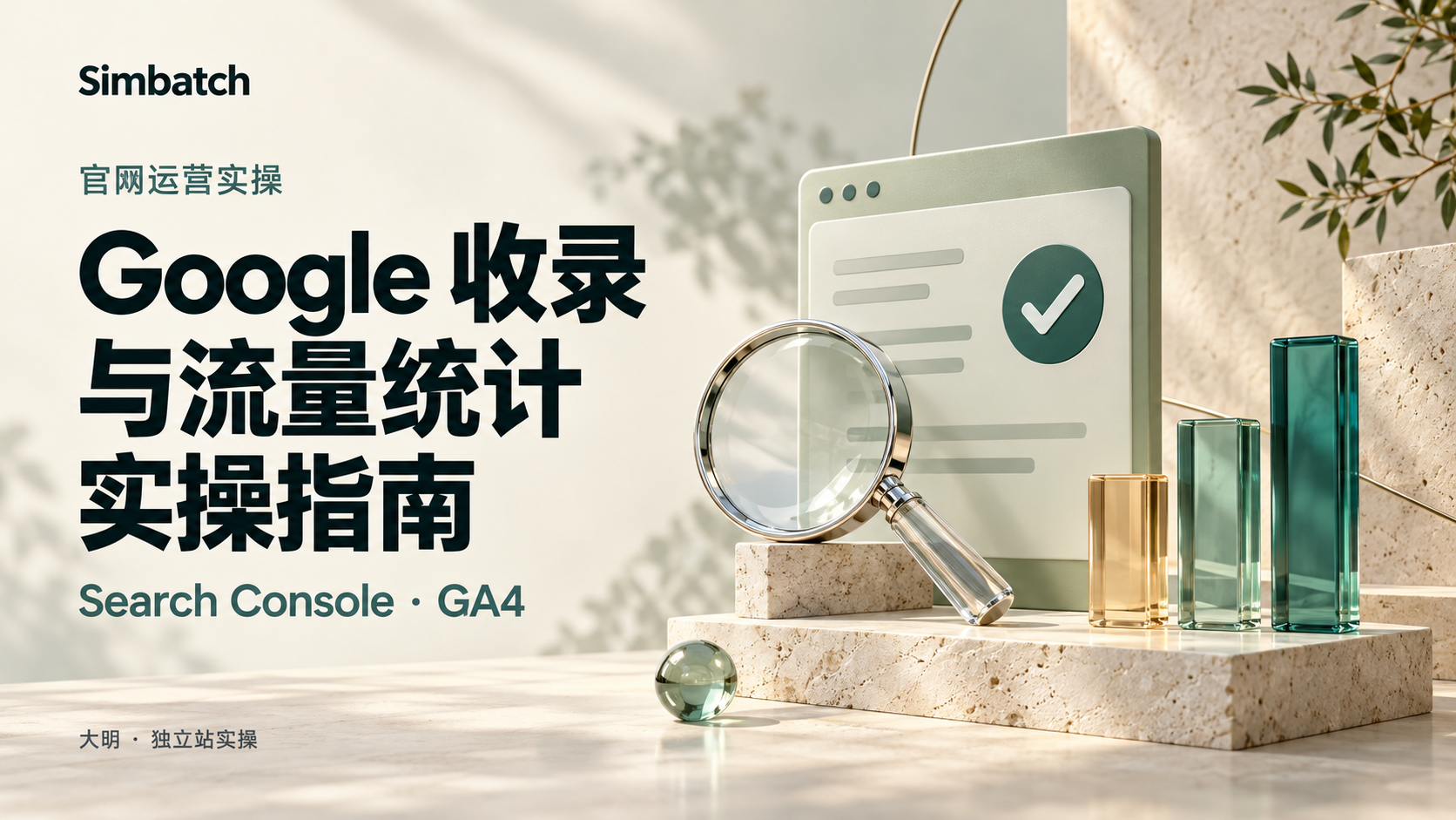 Google 收录与流量统计实操指南封面：Search Console、GA4，放大镜、网页与柱状图主题插画。
