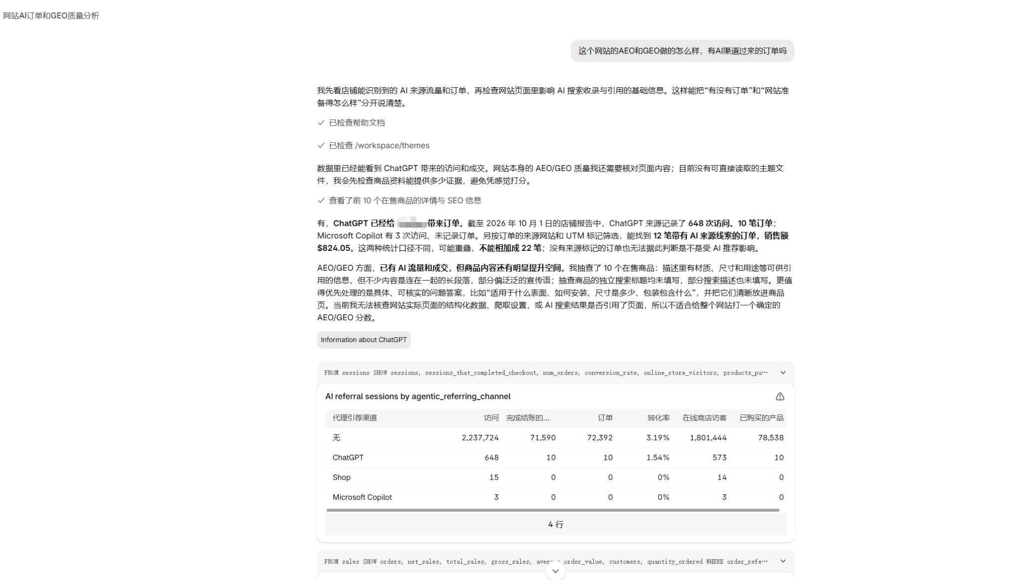 AI辅助分析对话中的来源报表,ChatGPT渠道显示648次访问、10笔订单和1.54%转化率