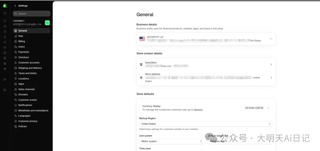 图 2|店铺 General 页面中的 Business details、Store contact details 和 Store defaults。先核对主体、联系方式与经营地址,再进入 Payments。
