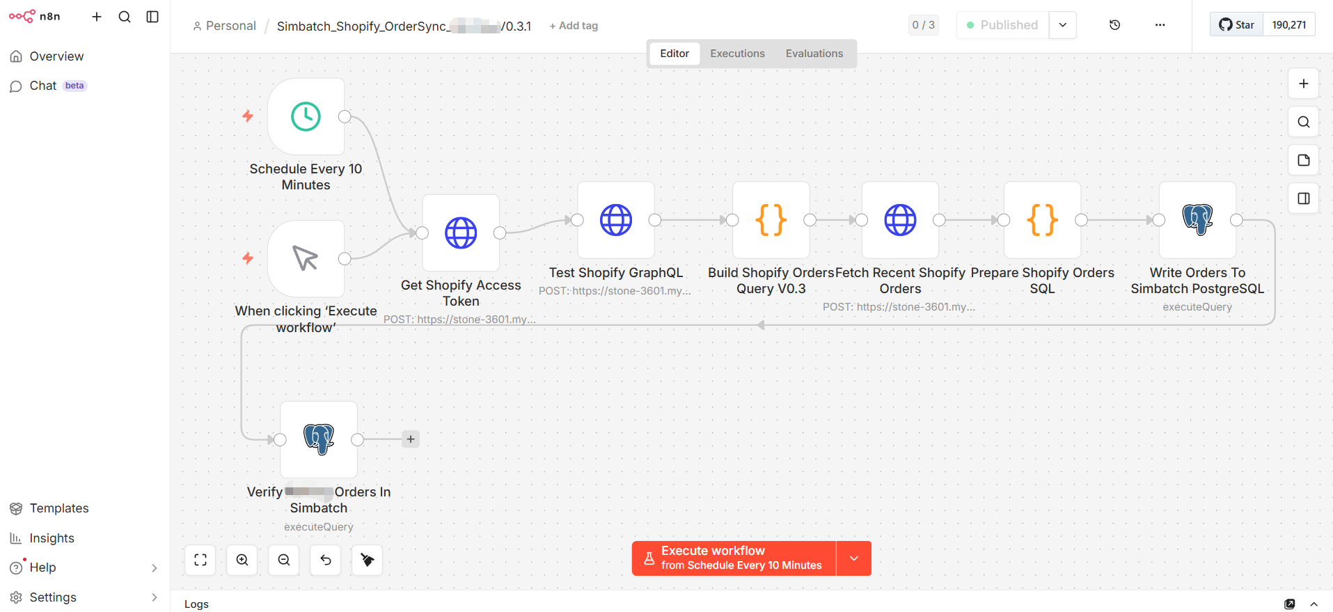 n8n workflow screenshot showing a Shopify order sync automation with schedule trigger, Shopify access token, GraphQL order query, order preparation and PostgreSQL write steps.