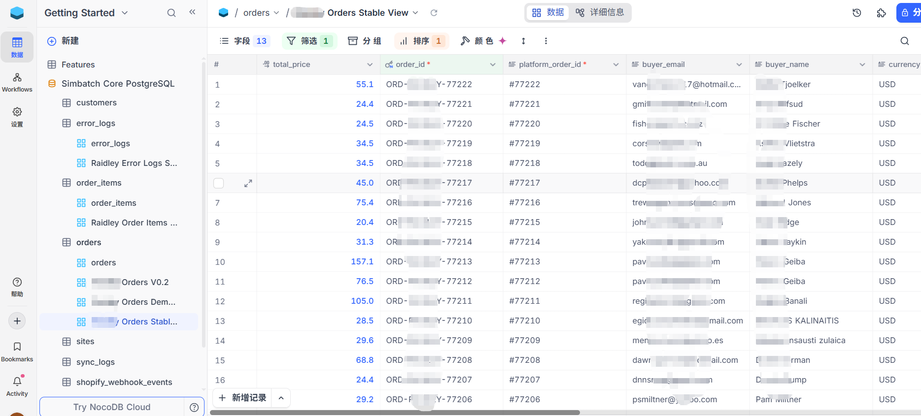 NocoDB orders table screenshot showing Shopify order data fields such as order ID, platform order ID, buyer email, buyer name, total price, currency and order status after synchronization.